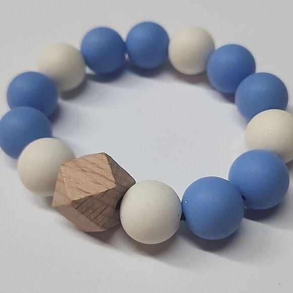 Silicone Bead Bracelet Wooden Faceted Cube Baby Blue White - Picture 2 of 3